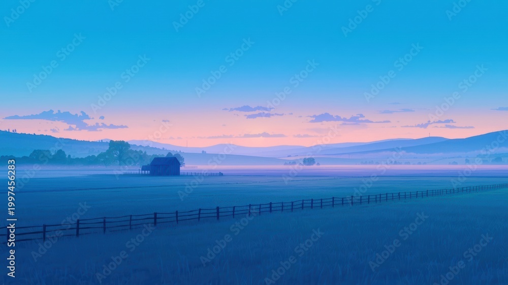 Fototapeta premium Soft dawn mist drifts over tranquil fields