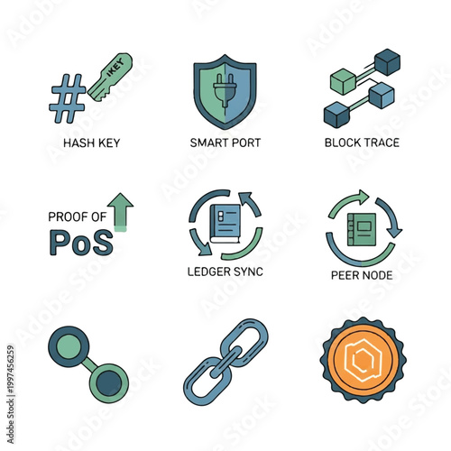Blockchain Technology Icons Set Cryptocurrency Digital Assets.