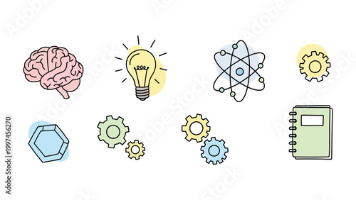 Scientific Insights & Innovation: An illustrative array of science-related icons, including a human brain, glowing lightbulb, atomic model, gears, a crystalline structure, and a notebook.