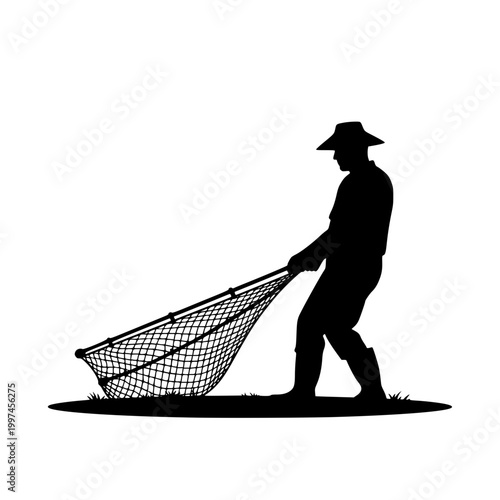 Silhouette of a Fisherman Holding a Fishing Net