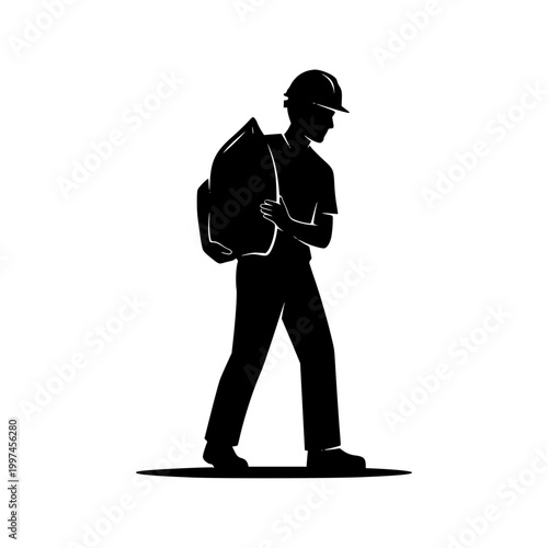 Silhouette of a Construction Worker Carrying a Heavy Sack