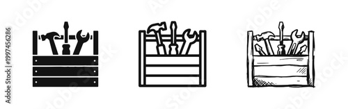 Maintenance and repair tool box icons with hammer wrench and screwdriver