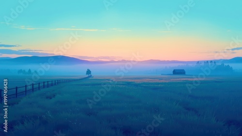 Mist swallows distant hills in soft blue haze