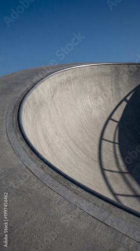Empty Concrete Skate Park Bowl with Metal Coping Under Clear Blue Sky and Minimalist Shadow