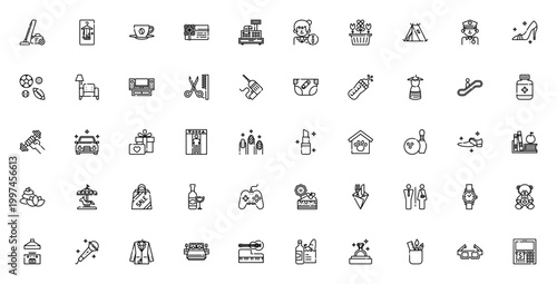 Shopping center icon set. Vector illustration pack featuring vacuum, dressing room, coffee, gift card, cashier, escalator, restaurant, bakery, spa, and more. Minimalist editable stroke.
