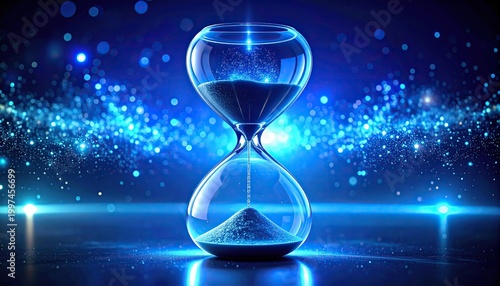 Glowing blue hourglass with shimmering sand falling against cosmic bokeh background with horizontal lens flare, cinematic time concept, hourglass, time, blue monday.