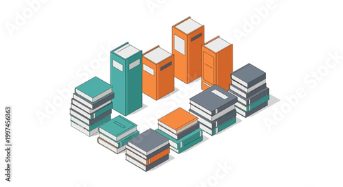 Isometric Illustration of Book Stacks and Standing Hardcover Books for Education, Library, and Information Management Concept