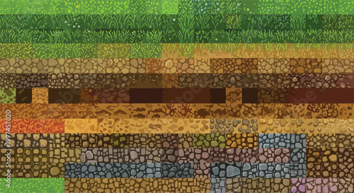 Pixel art ground textures, seamless game terrain blocks. Retro 8-bit soil and grass layers. Mosaic stone and dirt patterns for video game design.