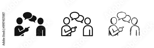 Two People Discussing and Pointing with Speech Bubbles Icon Set