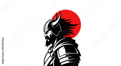 Warrior in armor stands before a setting sun wearing a helmet