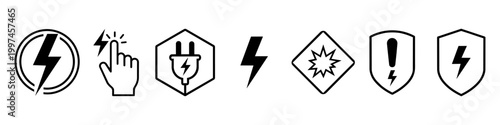 Set of line and solid icons for electricity, danger, and safety warnings