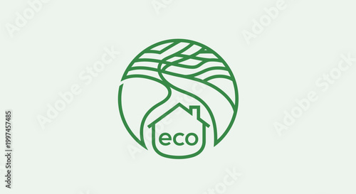 Eco friendly logo design features a house and leafy tree on globe