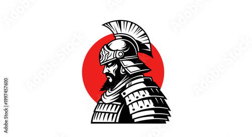 Ancient warrior helmet with crest and armor stands out against red circle
