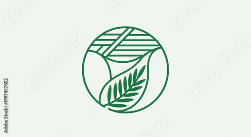 Green leaves and lines form a circular design on a light background.
