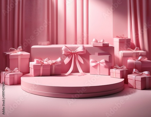 pink scene with round stage gifts and bow softly lit with shadows creating a sweet dreamy vibe