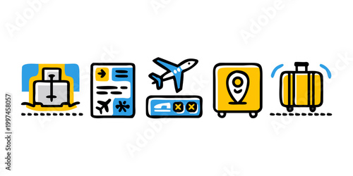 Set of flat doodle airport and travel icons, vector