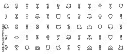 Awards icon set. Vector badges and medals collection. Includes trophy, gold silver bronze medal, diploma, achievement symbols. Editable stroke.