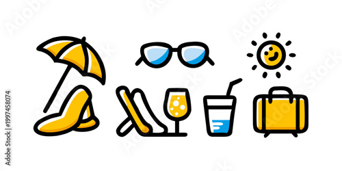 Set of summer holiday and beach travel icons, vector