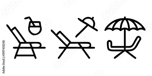 Summer holiday beach chairs and parasol line icons, vector