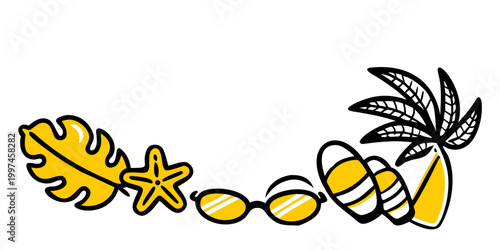 Summer beach holiday vacation icons horizontal border, vector