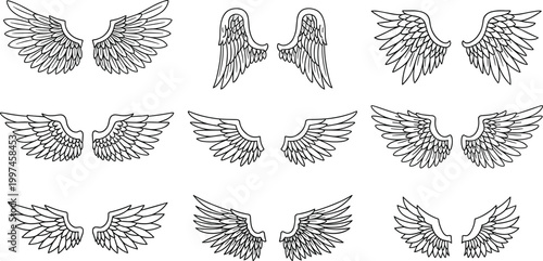 Collection of hand drawn angel and bird wing pairs in black line art style for religious tattoo and heraldic design