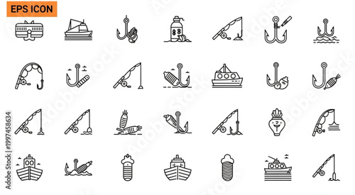 Collection of fishing and nautical icons representing various aspects of angling and marine activities.