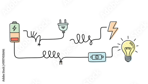 Photos Energy Flow Diagram: A vibrant illustration showcasing the path of energy, from its source in a battery, flowing through a circuit, and culminating in the illumination of a light bulb