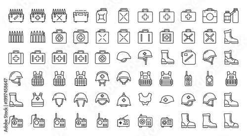 Collection of military and combat equipment icons in a line art style for design.