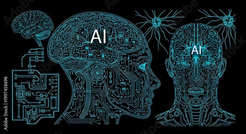 AutoCAD AI Brain Robot Neural Network Vector – Futuristic Technology Blueprint Cyan Outline on Black Background