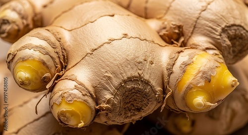 Close-up of knobby, earthy ginger root with pale yellow buds emerging