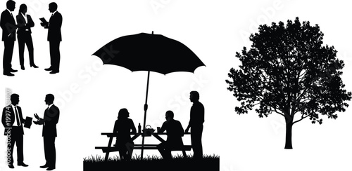 Business people and picnic silhouettes, professionals talking and outdoor family scene with tree isolated on white background, lifestyle concept illustration