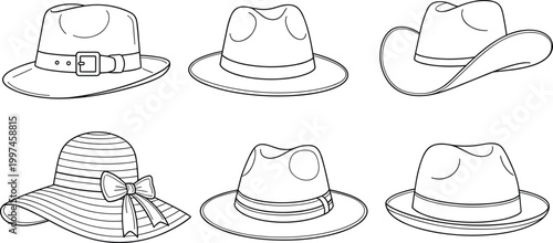 Stylish hat line icon set with fedora cowboy and sun hat fashion accessory outline vector illustration collection
