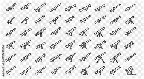 Collection of various rocket launchers in a detailed line art style.