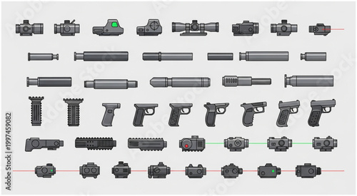 Collection of various firearm accessories and components for customization and upgrades.