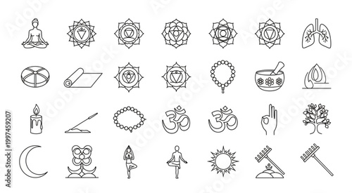 Collection of yoga and meditation related line art icons for spiritual practices.