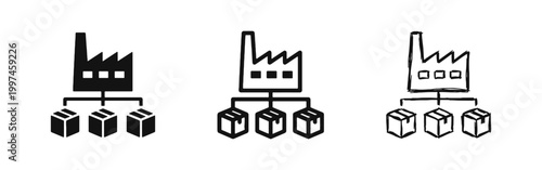 Factory distribution with boxes icon set in solid, outline, and hand-drawn styles
