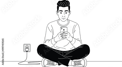 Young man sitting cross legged on floor using smartphone while charging device at wall socket outlet vector line art illustration.