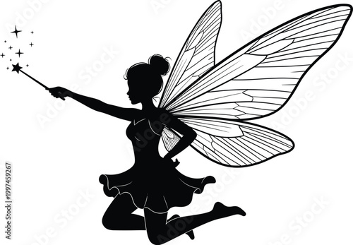 Silhouette of a Graceful Fairy with Delicate Dragonfly Wings Holding a Magic Wand and Casting Sparkling Dust in Enchanted Flight