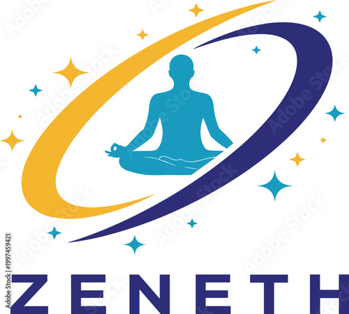 Yoga meditation logo with person silhouette in lotus pose surrounded by cosmic orbits and stars for wellness center branding vector.