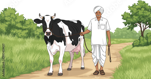 Traditional Indian farmer walking with a dairy cow on a dirt path in a green village landscape vector illustration for agricultural branding.