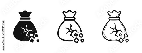 Broken money bag icon set showing cracked sack in solid and outline styles