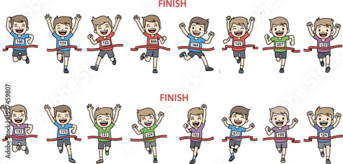 Large collection of happy boy athletes crossing the finish line ribbon in a race marathon set for school sports and competition vector.