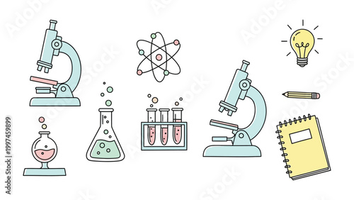Science Icon Set: A vibrant collection of science icons, including microscopes, atom models, lab equipment, and a lightbulb, representing the fascinating world of scientific exploration.