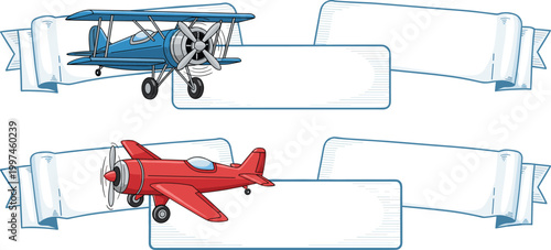 Airplane with Banner Set for Advertising, Air Show, and Promotional Graphics Featuring Vintage Aircraft and Customizable Banners