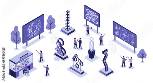 Isometric illustration of a futuristic data science exhibition featuring digital art screens, a central control booth, and innovative technology sculptures.