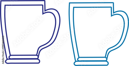 Two simple line drawings of tall elegant beer mugs with curved handles