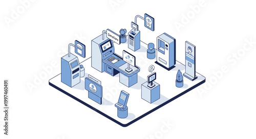 Isometric Smart Retail Concept with Self-Service Kiosks and Automated Payment Systems