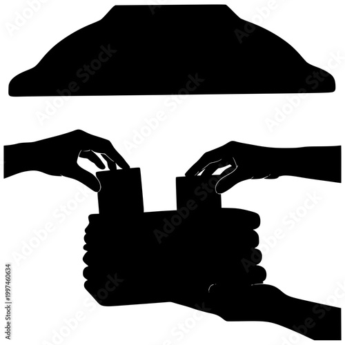 Silhouette hands stacking items teamwork and organization concept