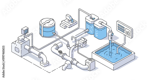 Isometric Industrial Water Filtration and Treatment System Illustration with Pipes, Tanks, and Monitoring Equipment