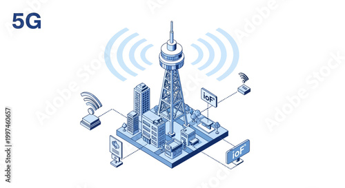 5G Smart City Isometric Vector Illustration with Telecommunication Tower and IoT Connectivity